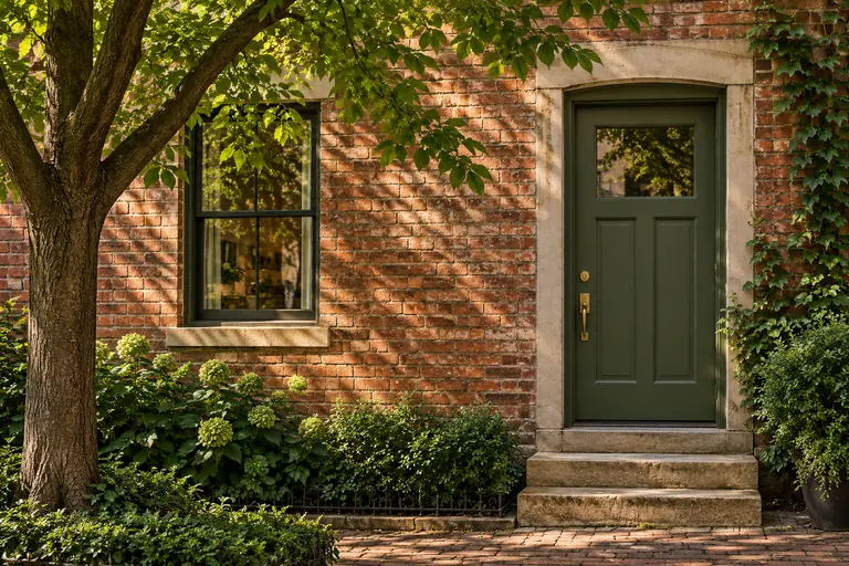 Green entrance door set in brick and stone