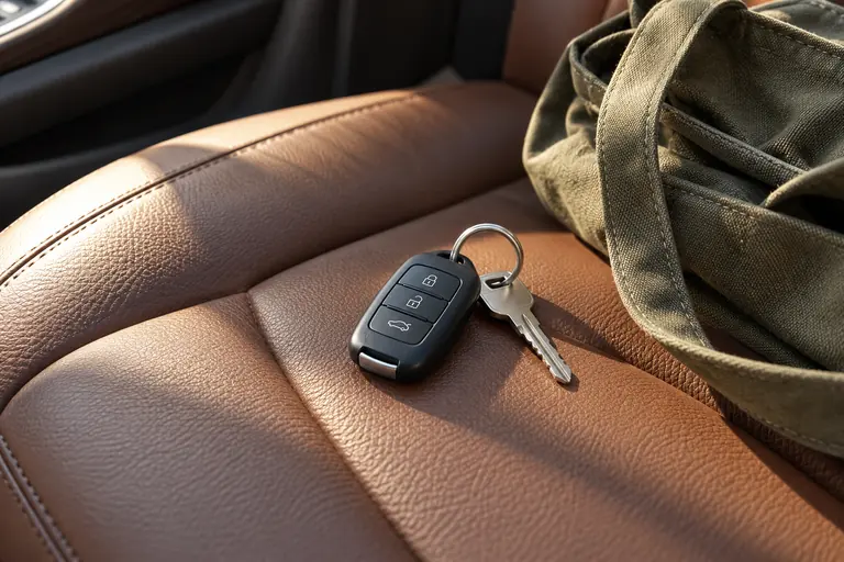 Car key and remote fob on a leather seat