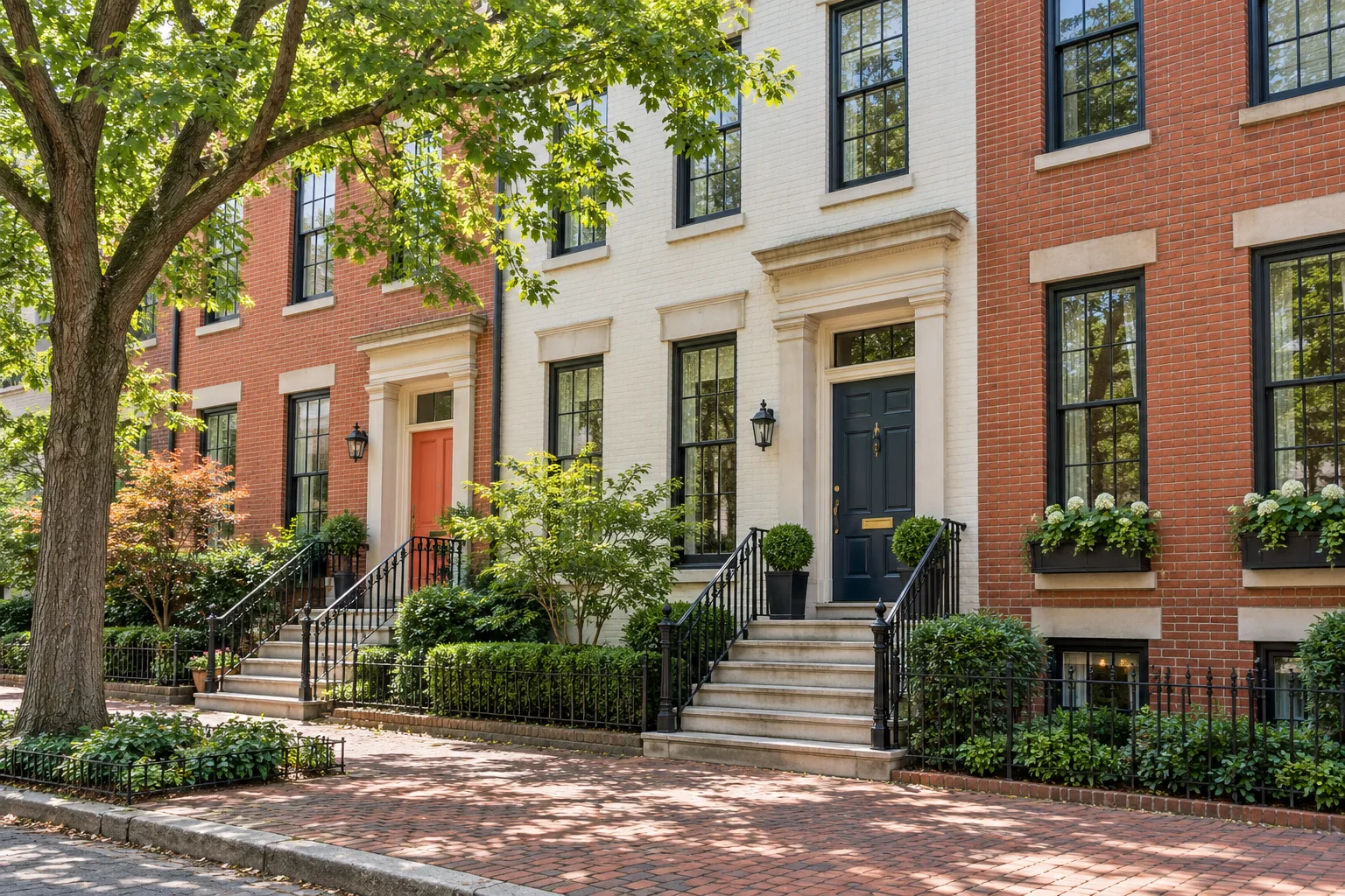 Brick rowhouse entrances with painted doors, iron railings and a leafy street tree